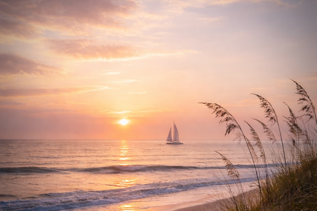 A quiet sunrise over the sea, with a lone sailboat on the horizon and soft coastal grasses in the foreground.